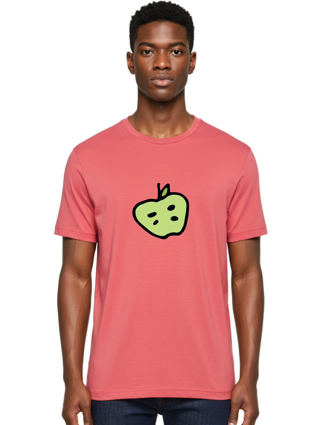Apple Men'S Graphic Tee, 100% Cotton, Comfortable Casual Summer Wear, Machine Washable, Cartoon Apple, Simple Illustration, Green Apple, Black Outline, Leafy Stem, Seeded Fruit, Digital Art, Cute Design -  Aaa740