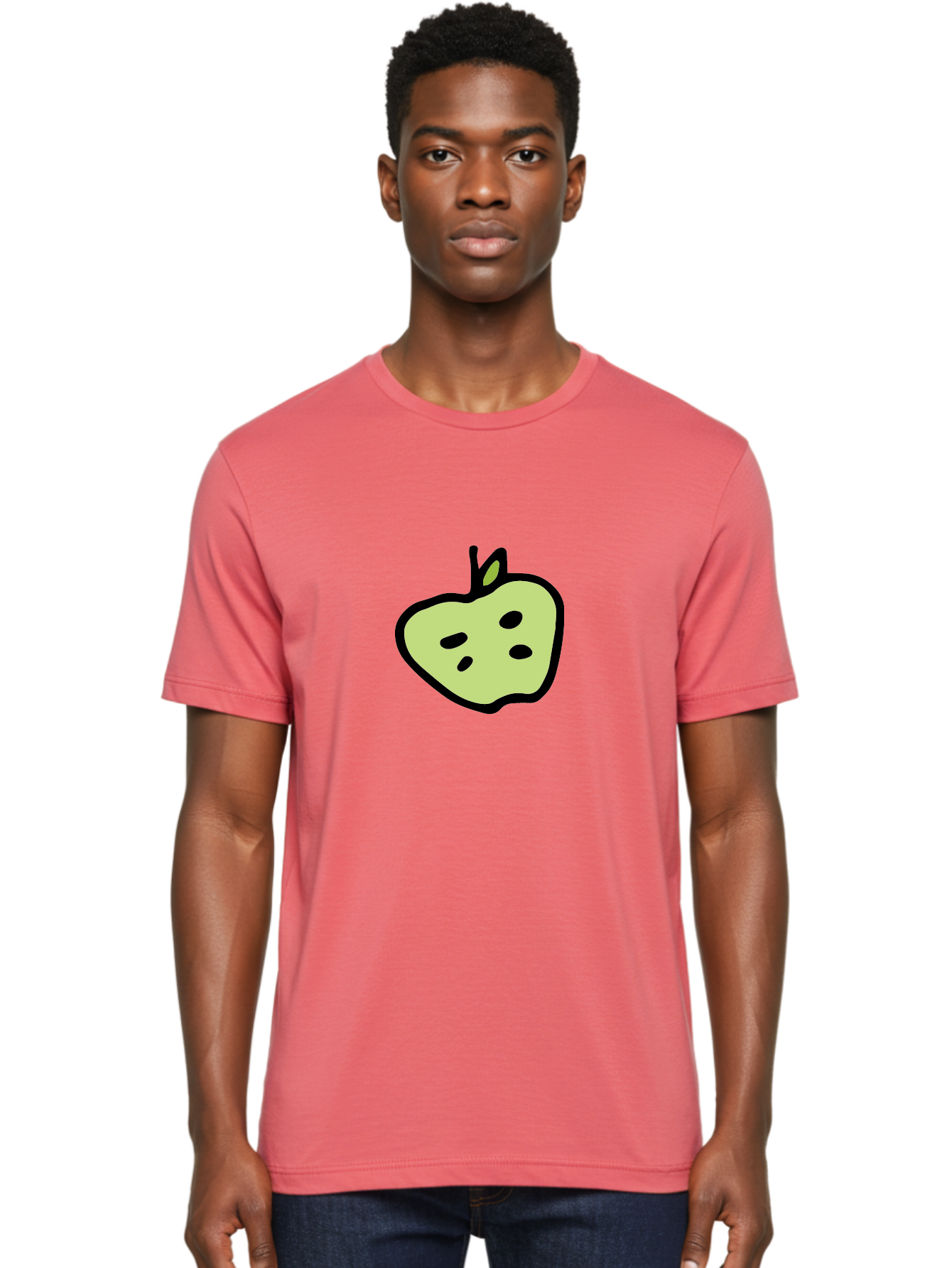 Apple Men'S Graphic Tee, 100% Cotton, Comfortable Casual Summer Wear, Machine Washable, Cartoon Apple, Simple Illustration, Green Apple, Black Outline, Leafy Stem, Seeded Fruit, Digital Art, Cute Design -  Aaa740