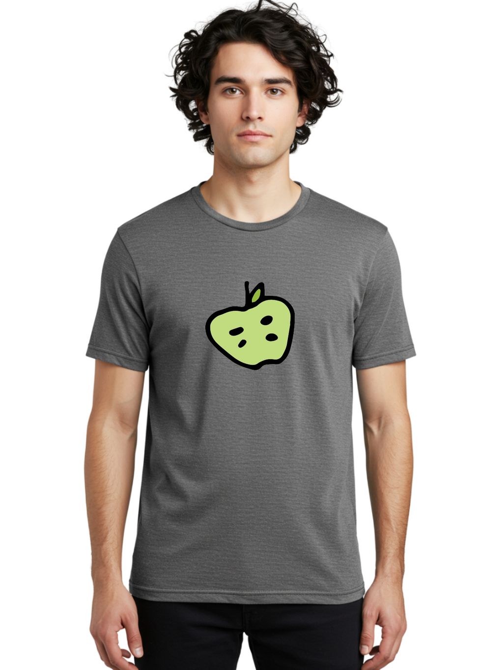 Apple Men'S Graphic Tee, 100% Cotton, Comfortable Casual Summer Wear, Machine Washable, Cartoon Apple, Simple Illustration, Green Apple, Black Outline, Leafy Stem, Seeded Fruit, Digital Art, Cute Design -  Aaa740