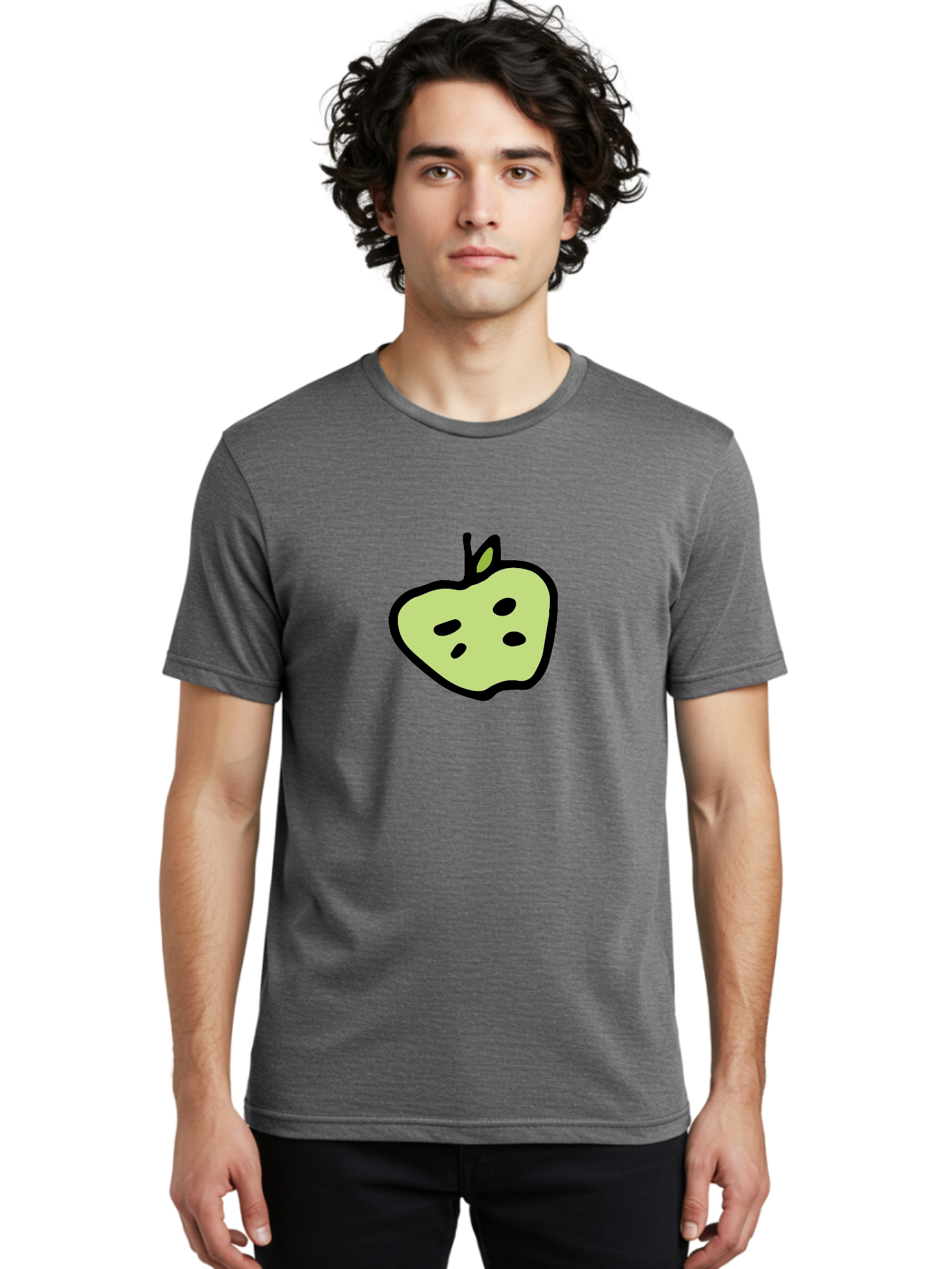 Apple Men'S Graphic Tee, 100% Cotton, Comfortable Casual Summer Wear, Machine Washable, Cartoon Apple, Simple Illustration, Green Apple, Black Outline, Leafy Stem, Seeded Fruit, Digital Art, Cute Design -  Aaa740