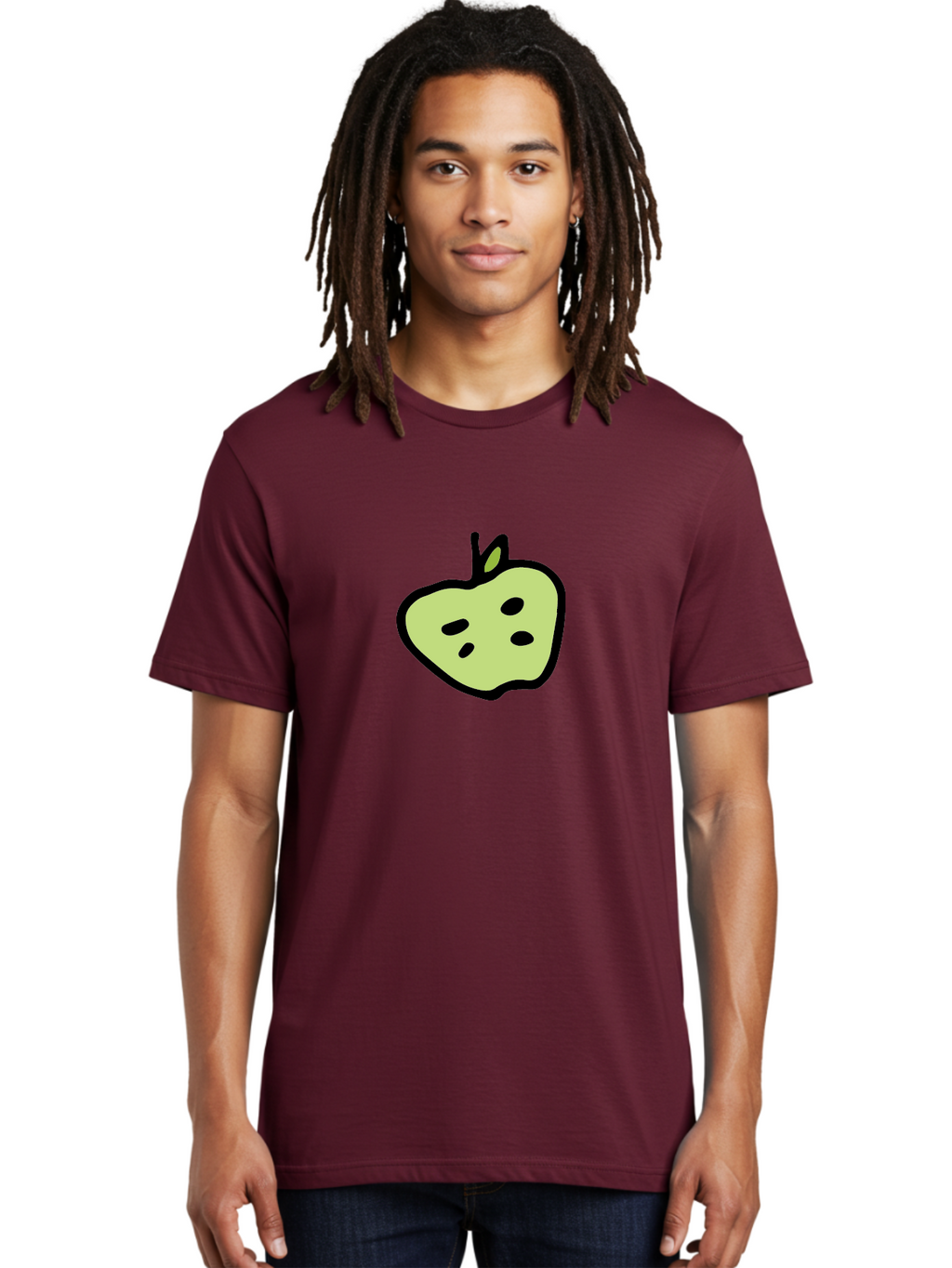 Apple Men'S Graphic Tee, 100% Cotton, Comfortable Casual Summer Wear, Machine Washable, Cartoon Apple, Simple Illustration, Green Apple, Black Outline, Leafy Stem, Seeded Fruit, Digital Art, Cute Design -  Aaa740