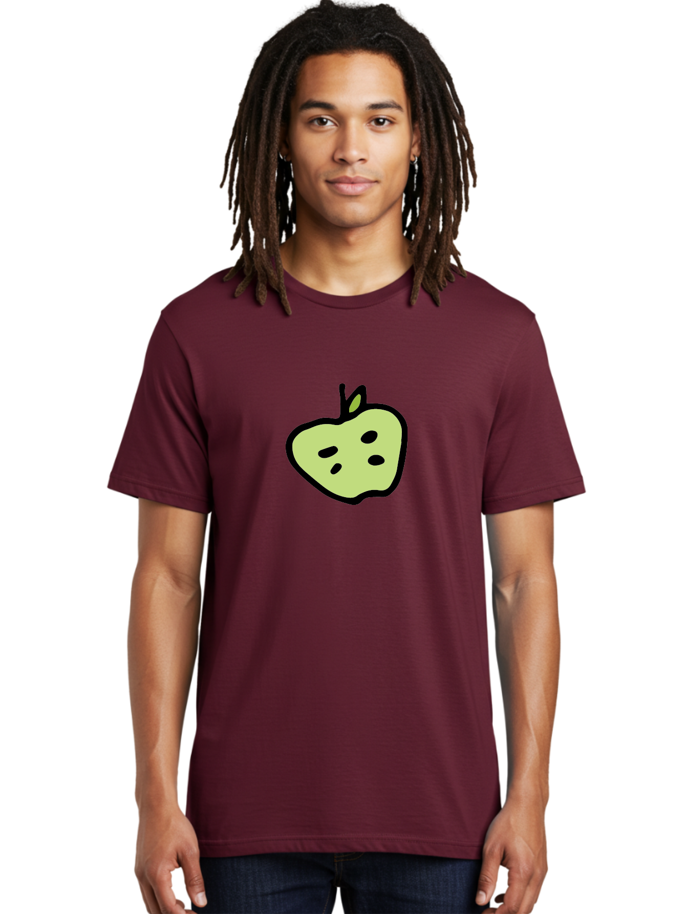 Apple Men'S Graphic Tee, 100% Cotton, Comfortable Casual Summer Wear, Machine Washable, Cartoon Apple, Simple Illustration, Green Apple, Black Outline, Leafy Stem, Seeded Fruit, Digital Art, Cute Design -  Aaa740