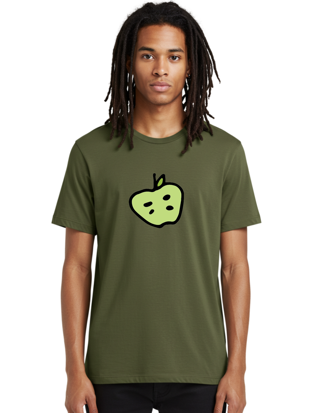 Apple Men'S Graphic Tee, 100% Cotton, Comfortable Casual Summer Wear, Machine Washable, Cartoon Apple, Simple Illustration, Green Apple, Black Outline, Leafy Stem, Seeded Fruit, Digital Art, Cute Design -  Aaa740