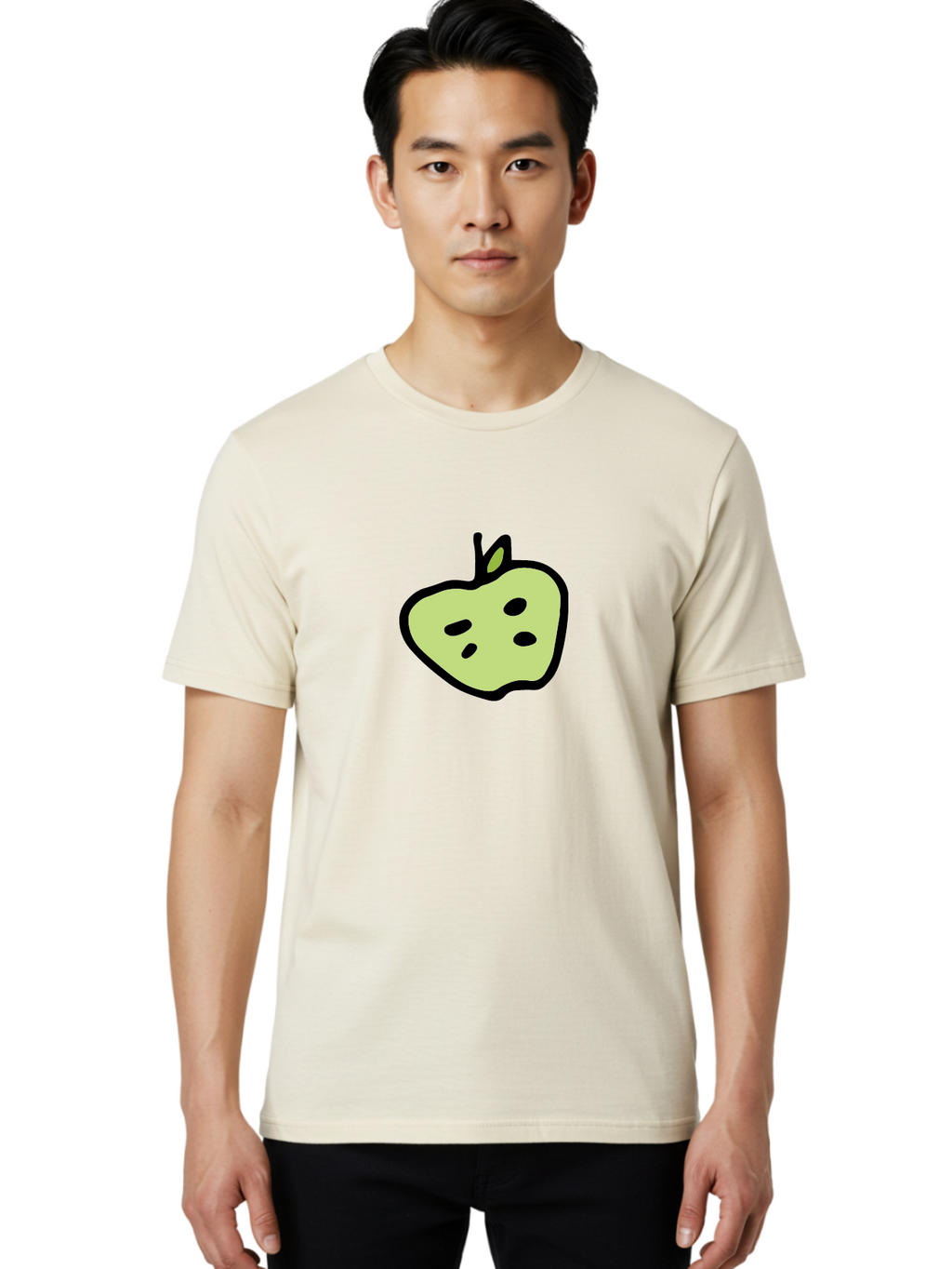 Apple Men'S Graphic Tee, 100% Cotton, Comfortable Casual Summer Wear, Machine Washable, Cartoon Apple, Simple Illustration, Green Apple, Black Outline, Leafy Stem, Seeded Fruit, Digital Art, Cute Design -  Aaa740
