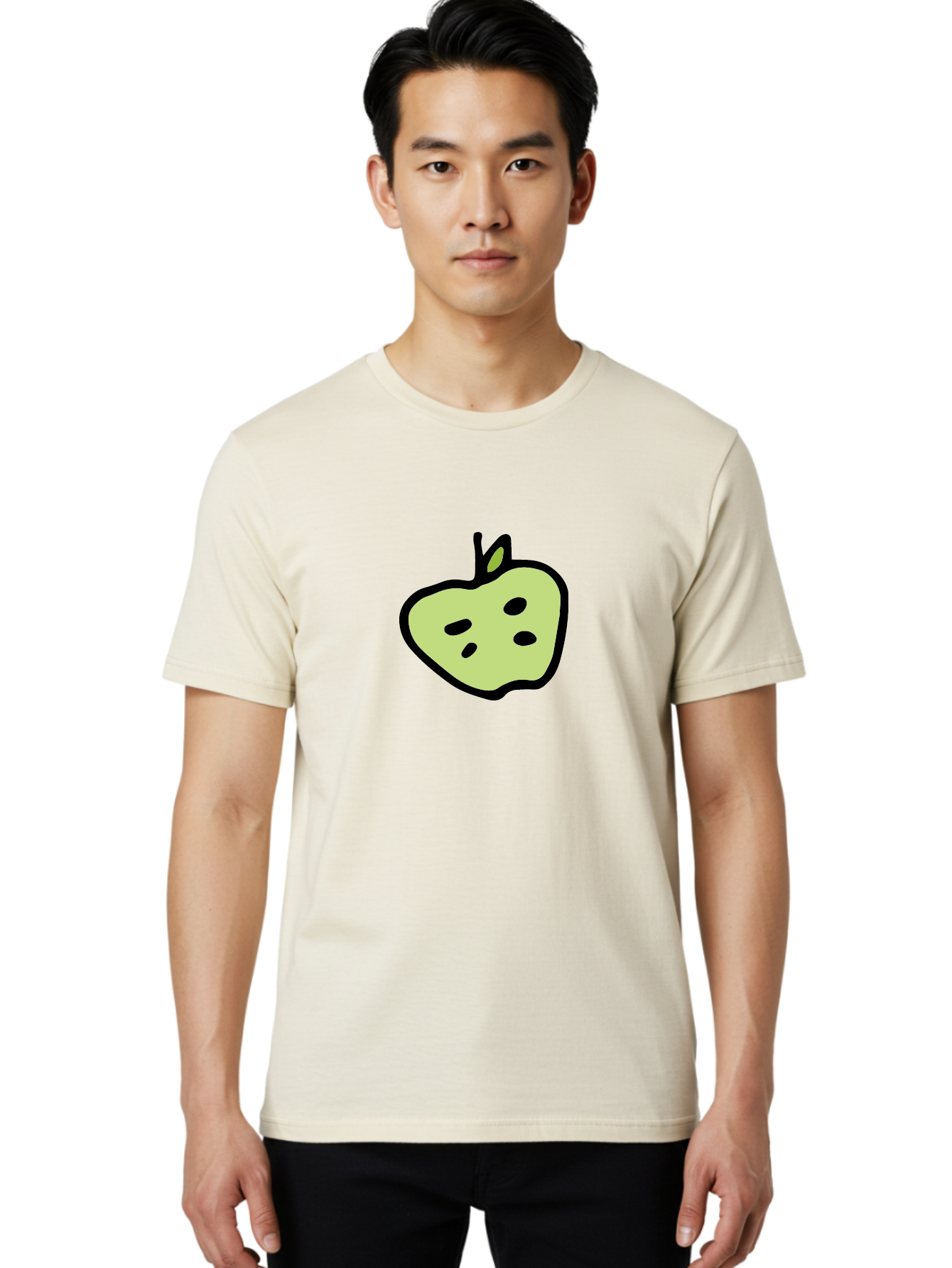 Apple Men'S Graphic Tee, 100% Cotton, Comfortable Casual Summer Wear, Machine Washable, Cartoon Apple, Simple Illustration, Green Apple, Black Outline, Leafy Stem, Seeded Fruit, Digital Art, Cute Design -  Aaa740