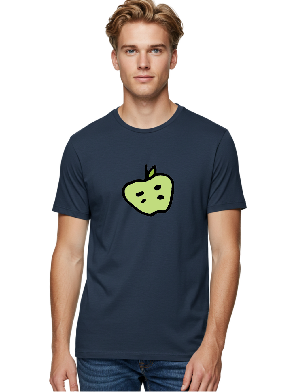 Apple Men'S Graphic Tee, 100% Cotton, Comfortable Casual Summer Wear, Machine Washable, Cartoon Apple, Simple Illustration, Green Apple, Black Outline, Leafy Stem, Seeded Fruit, Digital Art, Cute Design -  Aaa740