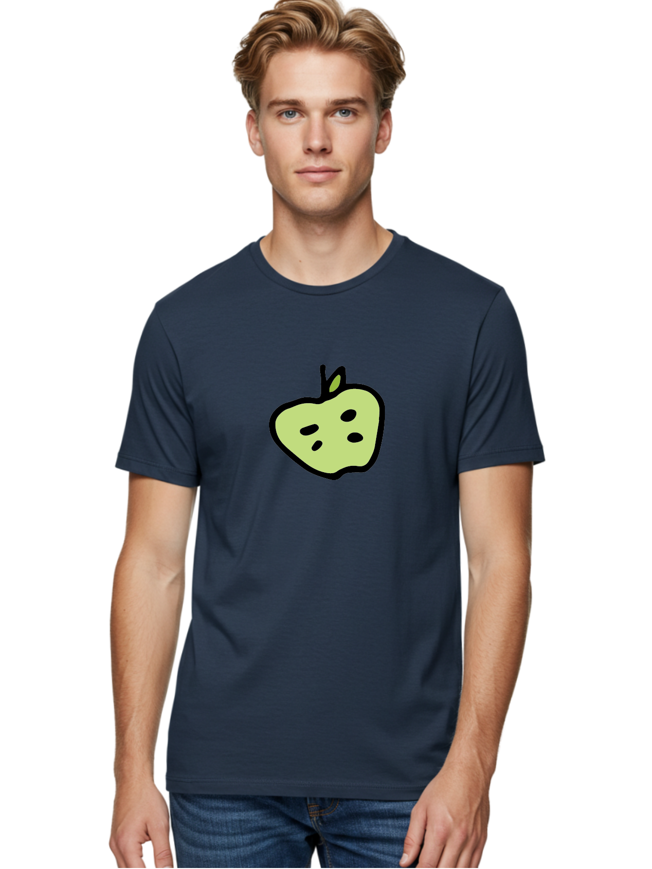 Apple Men'S Graphic Tee, 100% Cotton, Comfortable Casual Summer Wear, Machine Washable, Cartoon Apple, Simple Illustration, Green Apple, Black Outline, Leafy Stem, Seeded Fruit, Digital Art, Cute Design -  Aaa740
