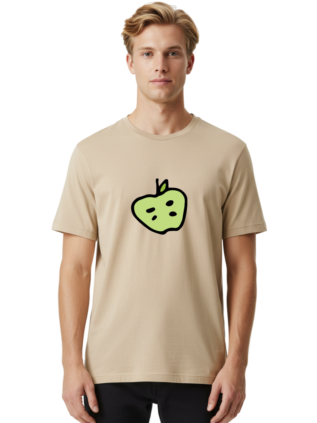 Apple Men'S Graphic Tee, 100% Cotton, Comfortable Casual Summer Wear, Machine Washable, Cartoon Apple, Simple Illustration, Green Apple, Black Outline, Leafy Stem, Seeded Fruit, Digital Art, Cute Design -  Aaa740