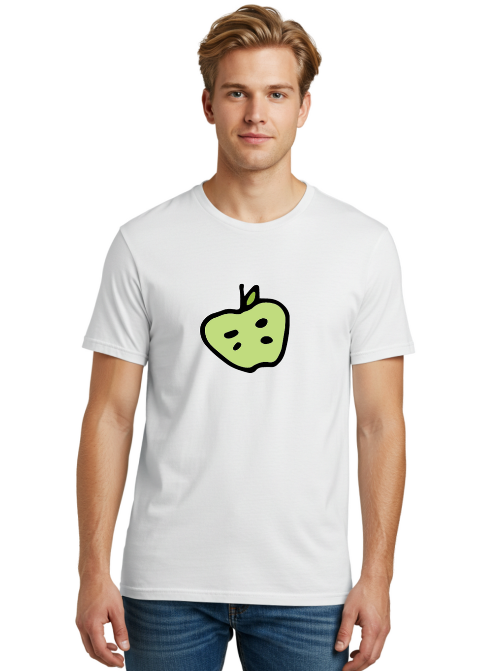 Apple Men'S Graphic Tee, 100% Cotton, Comfortable Casual Summer Wear, Machine Washable, Cartoon Apple, Simple Illustration, Green Apple, Black Outline, Leafy Stem, Seeded Fruit, Digital Art, Cute Design -  Aaa740