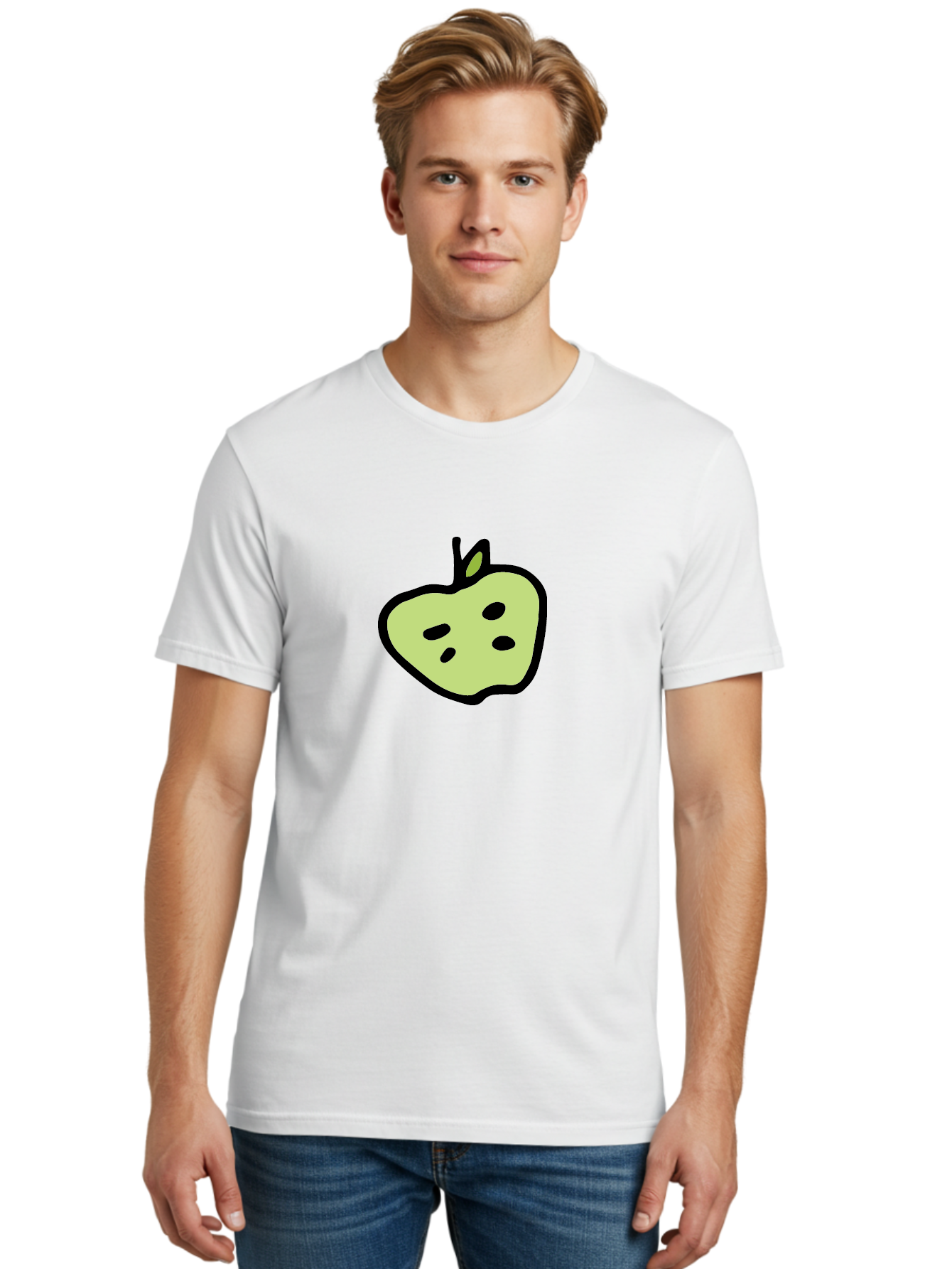 Apple Men'S Graphic Tee, 100% Cotton, Comfortable Casual Summer Wear, Machine Washable, Cartoon Apple, Simple Illustration, Green Apple, Black Outline, Leafy Stem, Seeded Fruit, Digital Art, Cute Design -  Aaa740