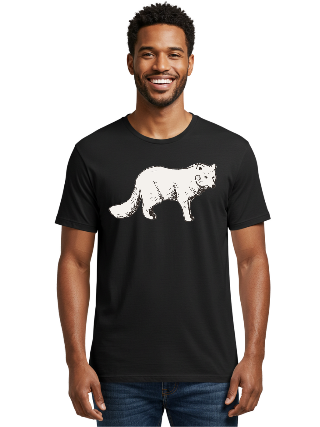 Arctic-Fox Men'S Graphic Tee, 100% Cotton, Comfortable Casual Summer Wear, Machine Washable, Arctic Fox, White Fur, Wild Animal, Wildlife Illustration, Cartoon Style, Simple Lines, Hand-Drawn, Furry Texture, Animal Portrait -  Aaa741