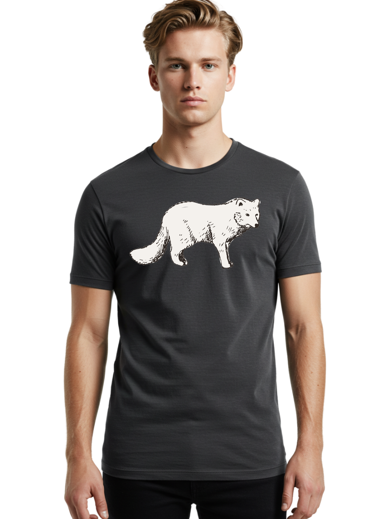 Arctic-Fox Men'S Graphic Tee, 100% Cotton, Comfortable Casual Summer Wear, Machine Washable, Arctic Fox, White Fur, Wild Animal, Wildlife Illustration, Cartoon Style, Simple Lines, Hand-Drawn, Furry Texture, Animal Portrait -  Aaa741