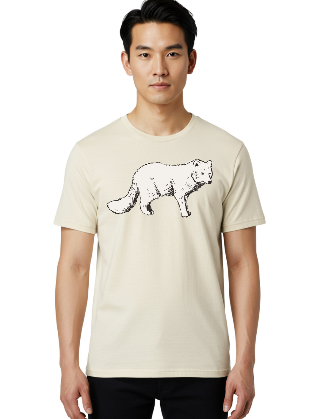 Arctic-Fox Men'S Graphic Tee, 100% Cotton, Comfortable Casual Summer Wear, Machine Washable, Arctic Fox, White Fur, Wild Animal, Wildlife Illustration, Cartoon Style, Simple Lines, Hand-Drawn, Furry Texture, Animal Portrait -  Aaa741
