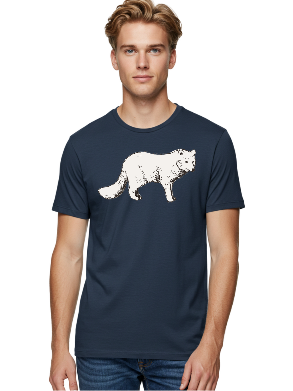 Arctic-Fox Men'S Graphic Tee, 100% Cotton, Comfortable Casual Summer Wear, Machine Washable, Arctic Fox, White Fur, Wild Animal, Wildlife Illustration, Cartoon Style, Simple Lines, Hand-Drawn, Furry Texture, Animal Portrait -  Aaa741
