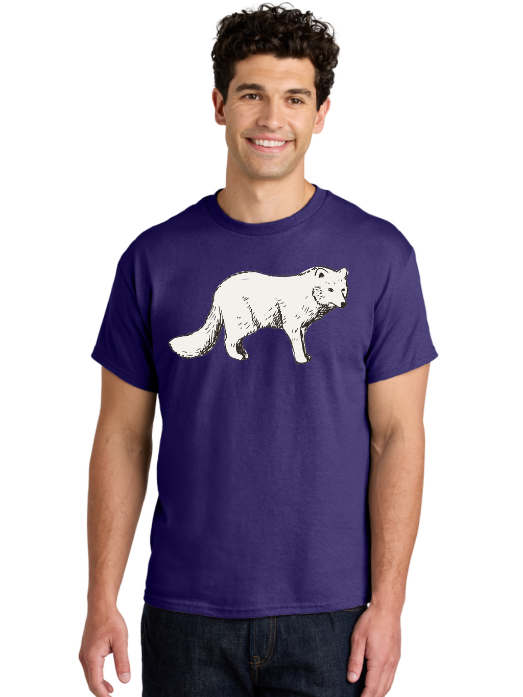 Arctic-Fox Men'S Graphic Tee, 100% Cotton, Comfortable Casual Summer Wear, Machine Washable, Arctic Fox, White Fur, Wild Animal, Wildlife Illustration, Cartoon Style, Simple Lines, Hand-Drawn, Furry Texture, Animal Portrait -  Aaa741