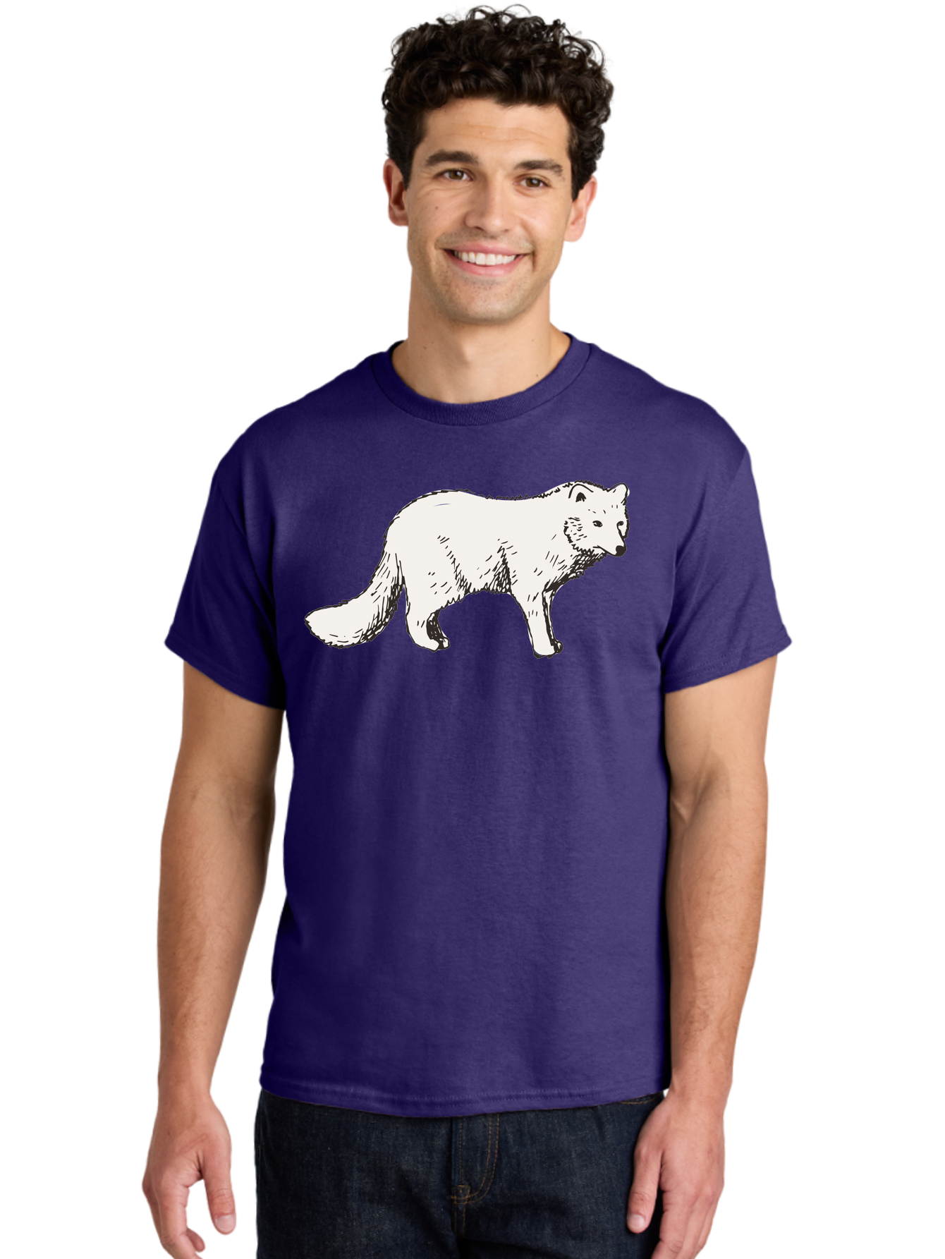 Arctic-Fox Men'S Graphic Tee, 100% Cotton, Comfortable Casual Summer Wear, Machine Washable, Arctic Fox, White Fur, Wild Animal, Wildlife Illustration, Cartoon Style, Simple Lines, Hand-Drawn, Furry Texture, Animal Portrait -  Aaa741