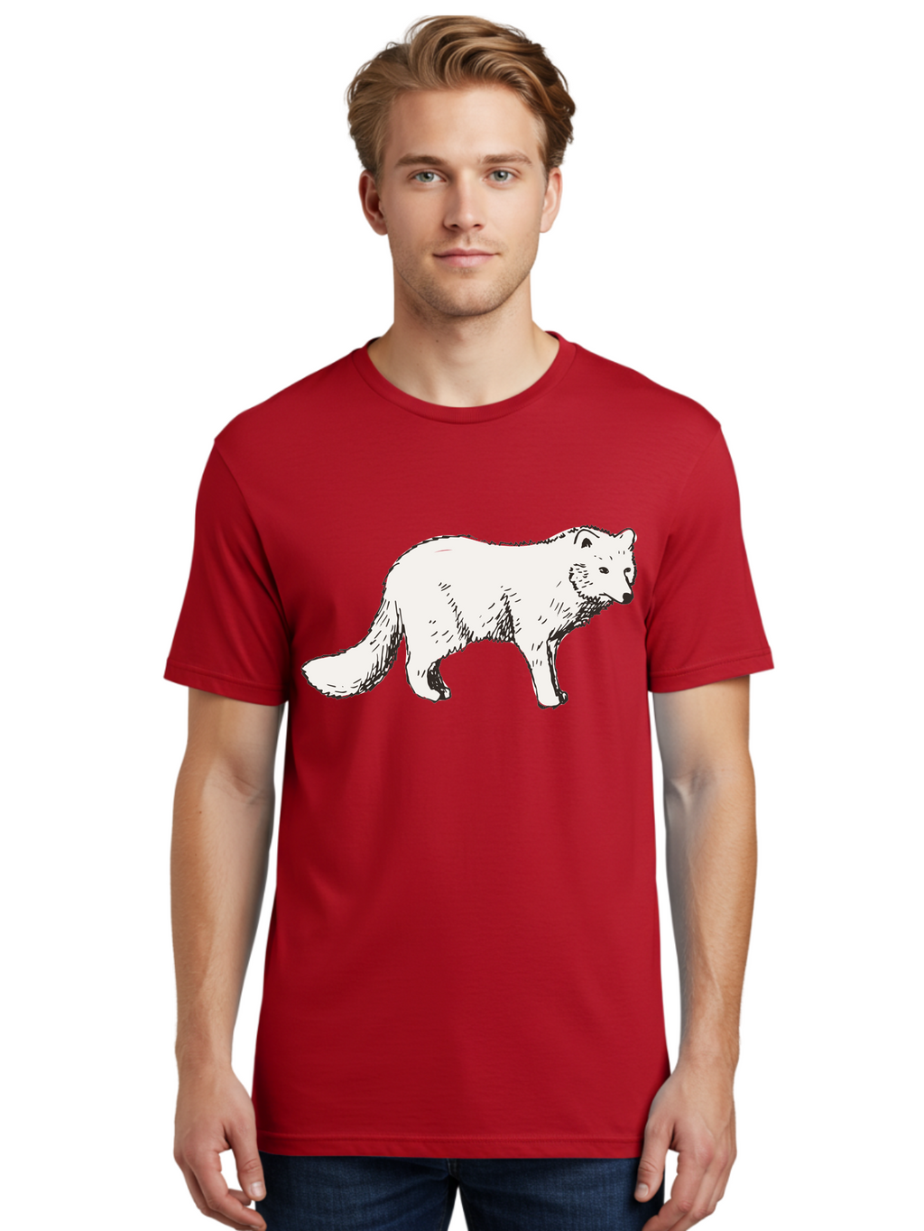 Arctic-Fox Men'S Graphic Tee, 100% Cotton, Comfortable Casual Summer Wear, Machine Washable, Arctic Fox, White Fur, Wild Animal, Wildlife Illustration, Cartoon Style, Simple Lines, Hand-Drawn, Furry Texture, Animal Portrait -  Aaa741