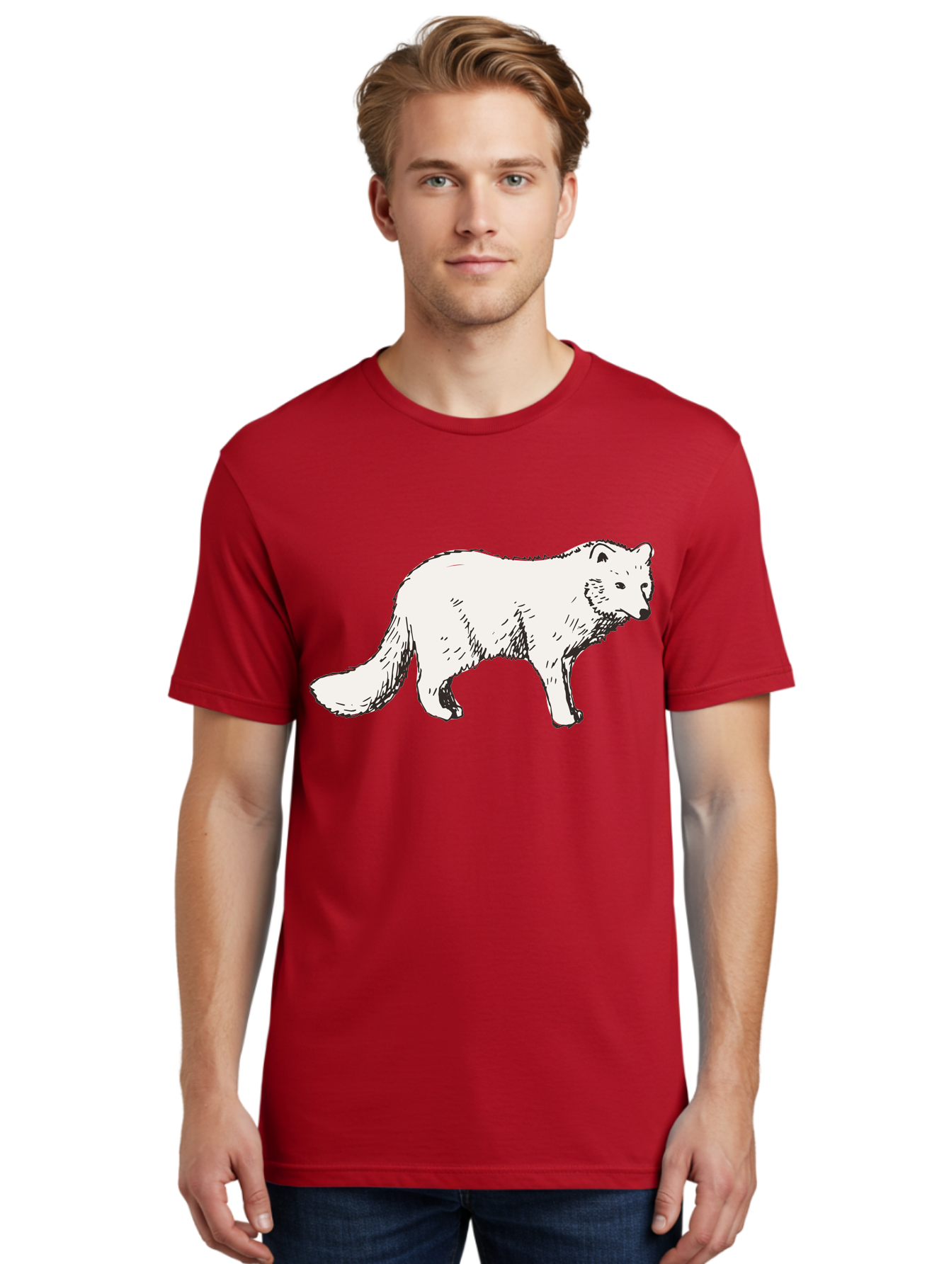 Arctic-Fox Men'S Graphic Tee, 100% Cotton, Comfortable Casual Summer Wear, Machine Washable, Arctic Fox, White Fur, Wild Animal, Wildlife Illustration, Cartoon Style, Simple Lines, Hand-Drawn, Furry Texture, Animal Portrait -  Aaa741