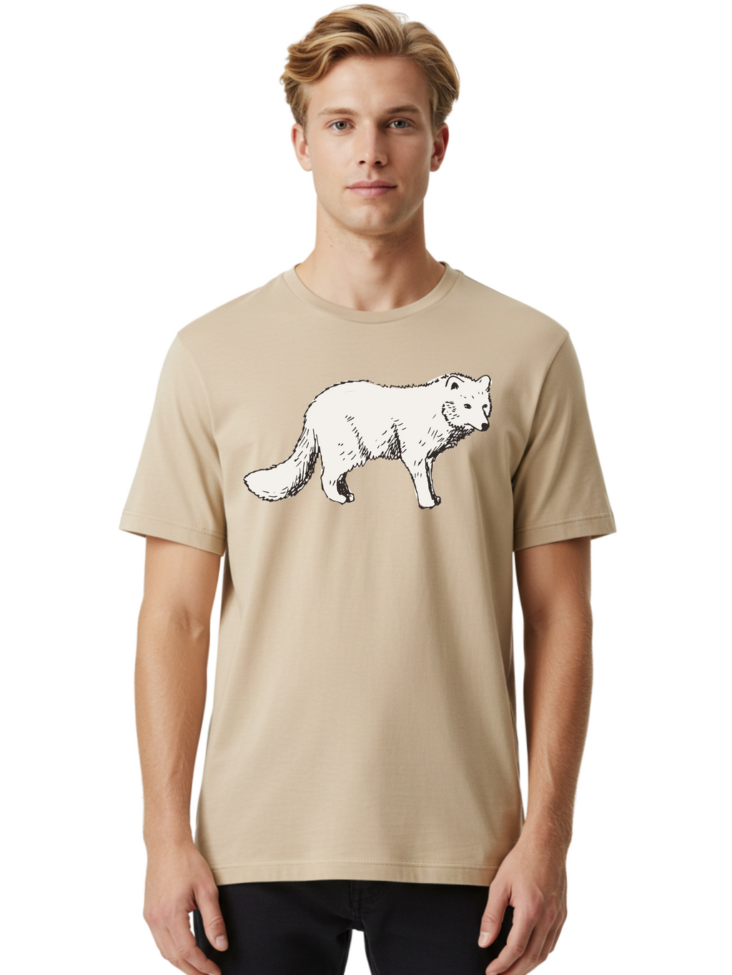 Arctic-Fox Men'S Graphic Tee, 100% Cotton, Comfortable Casual Summer Wear, Machine Washable, Arctic Fox, White Fur, Wild Animal, Wildlife Illustration, Cartoon Style, Simple Lines, Hand-Drawn, Furry Texture, Animal Portrait -  Aaa741