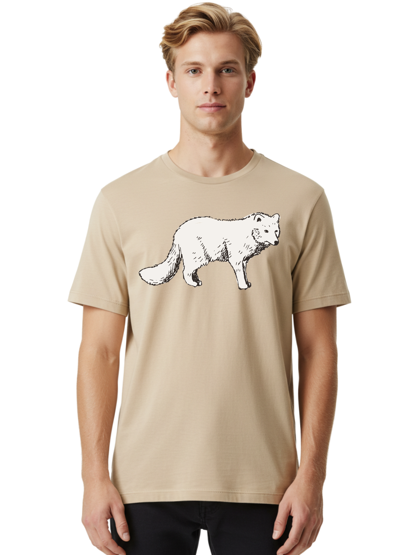 Arctic-Fox Men'S Graphic Tee, 100% Cotton, Comfortable Casual Summer Wear, Machine Washable, Arctic Fox, White Fur, Wild Animal, Wildlife Illustration, Cartoon Style, Simple Lines, Hand-Drawn, Furry Texture, Animal Portrait -  Aaa741