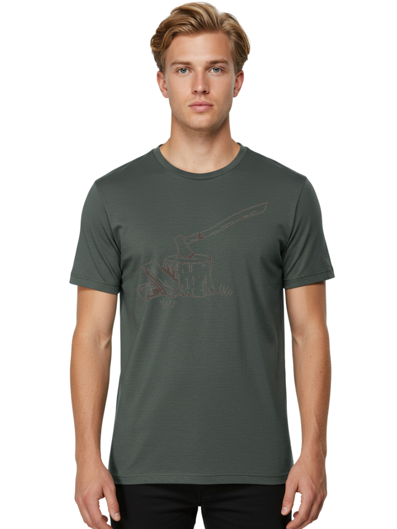 Axe-Chopping-Wood Men'S Graphic Tee, 100% Cotton, Comfortable Casual Summer Wear, Machine Washable, Axe On Chopping Block, Chopping Wood, Log Splitting, Firewood Preparation, Rustic Tools, Outdoor Activity, Axe Handle, Wooden Stump -  Aaa749