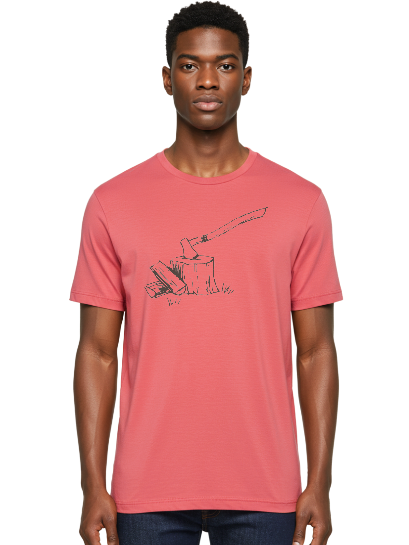 Axe-Chopping-Wood Men'S Graphic Tee, 100% Cotton, Comfortable Casual Summer Wear, Machine Washable, Axe On Chopping Block, Chopping Wood, Log Splitting, Firewood Preparation, Rustic Tools, Outdoor Activity, Axe Handle, Wooden Stump -  Aaa749