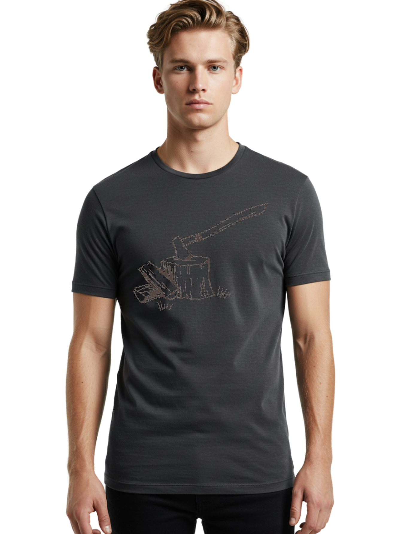 Axe-Chopping-Wood Men'S Graphic Tee, 100% Cotton, Comfortable Casual Summer Wear, Machine Washable, Axe On Chopping Block, Chopping Wood, Log Splitting, Firewood Preparation, Rustic Tools, Outdoor Activity, Axe Handle, Wooden Stump -  Aaa749