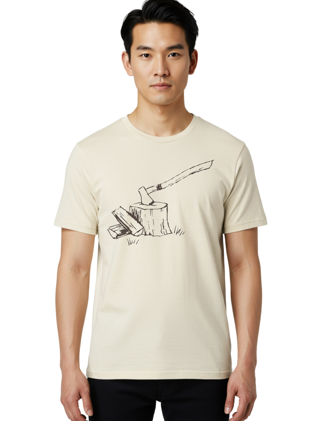 Axe-Chopping-Wood Men'S Graphic Tee, 100% Cotton, Comfortable Casual Summer Wear, Machine Washable, Axe On Chopping Block, Chopping Wood, Log Splitting, Firewood Preparation, Rustic Tools, Outdoor Activity, Axe Handle, Wooden Stump -  Aaa749
