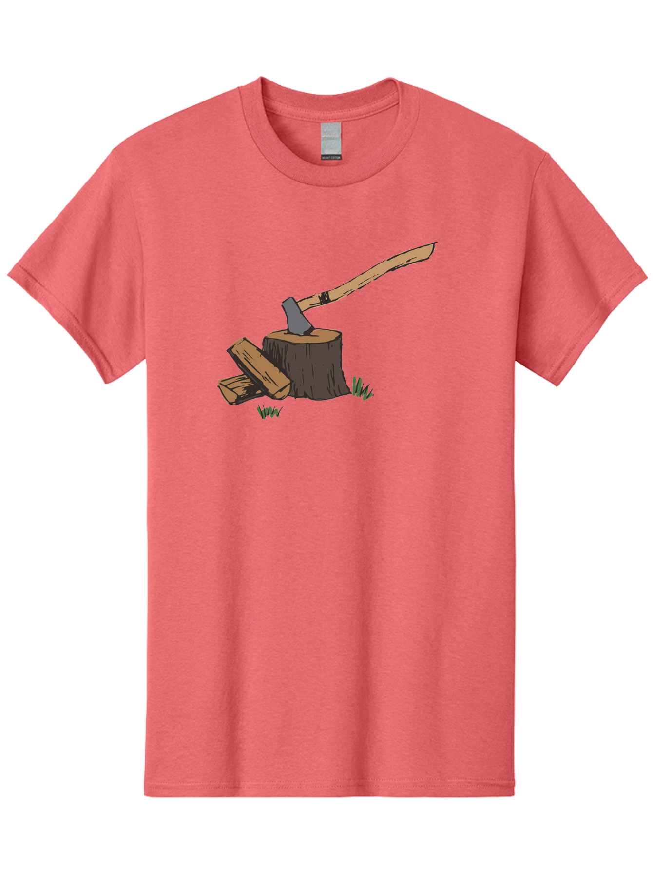 Axe-In-Stump Men'S Graphic Tee, 100% Cotton, Comfortable Casual Summer Wear, Machine Washable, Axe Stuck In Tree Stump, Chopped Wood, Outdoor Activity, Lumberjack Work, Forest Scenery, Wooden Handle, Grassy Surroundings -  Aaa750