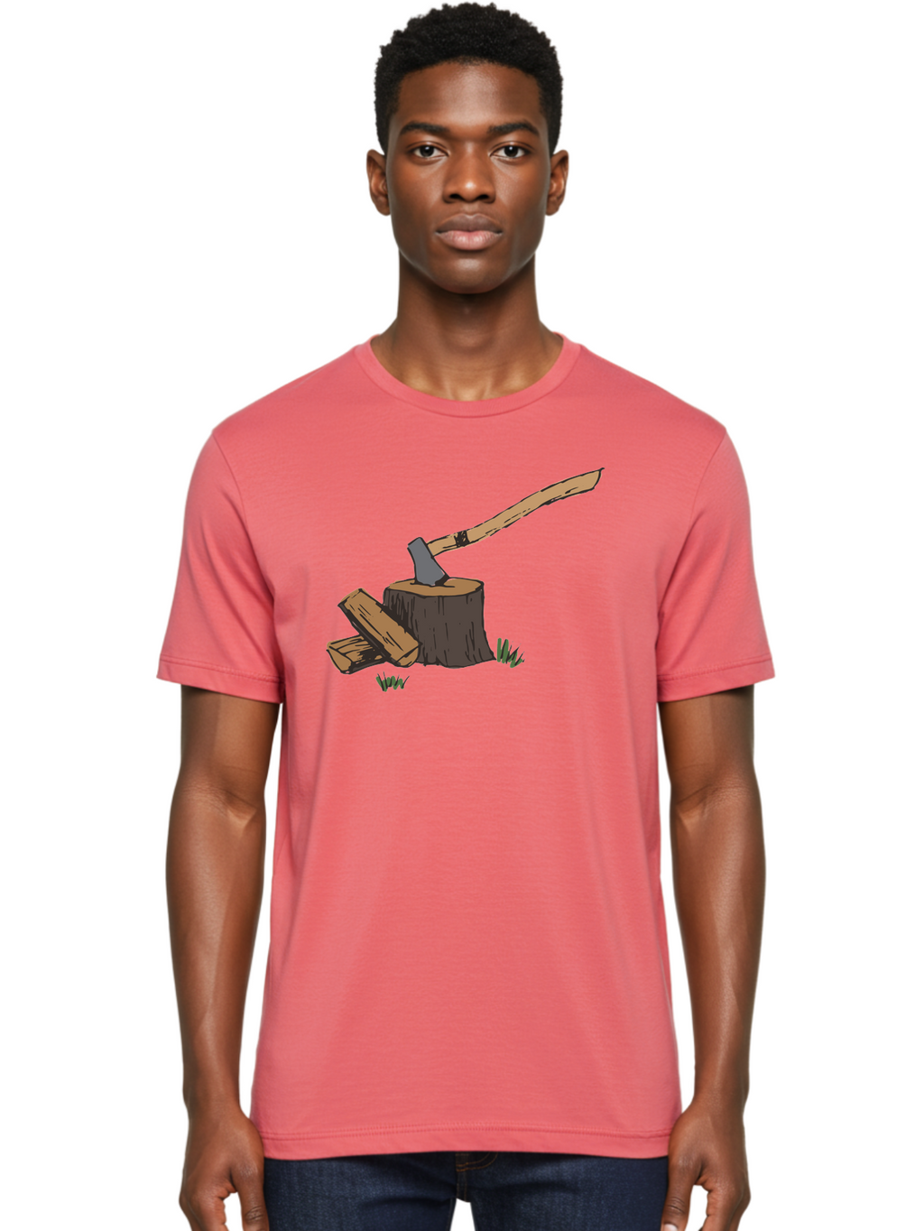 Axe-In-Stump Men'S Graphic Tee, 100% Cotton, Comfortable Casual Summer Wear, Machine Washable, Axe Stuck In Tree Stump, Chopped Wood, Outdoor Activity, Lumberjack Work, Forest Scenery, Wooden Handle, Grassy Surroundings -  Aaa750
