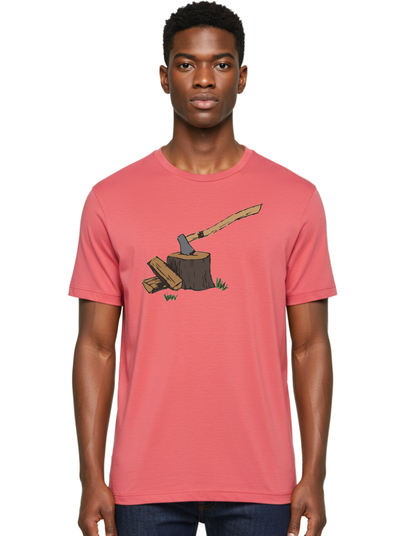 Axe-In-Stump Men'S Graphic Tee, 100% Cotton, Comfortable Casual Summer Wear, Machine Washable, Axe Stuck In Tree Stump, Chopped Wood, Outdoor Activity, Lumberjack Work, Forest Scenery, Wooden Handle, Grassy Surroundings -  Aaa750
