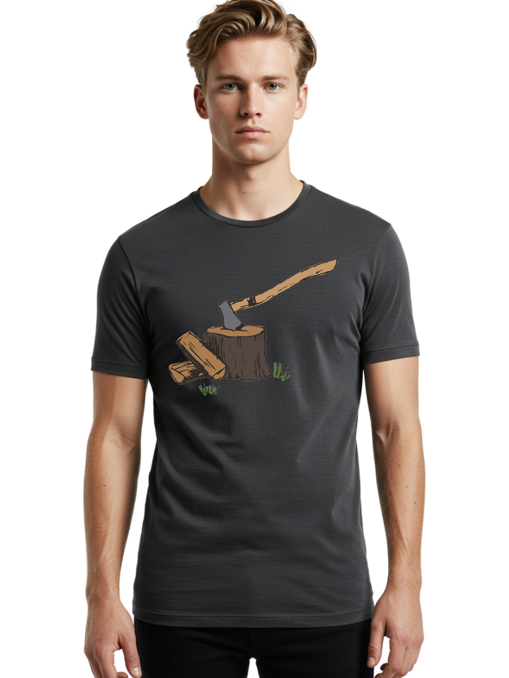 Axe-In-Stump Men'S Graphic Tee, 100% Cotton, Comfortable Casual Summer Wear, Machine Washable, Axe Stuck In Tree Stump, Chopped Wood, Outdoor Activity, Lumberjack Work, Forest Scenery, Wooden Handle, Grassy Surroundings -  Aaa750