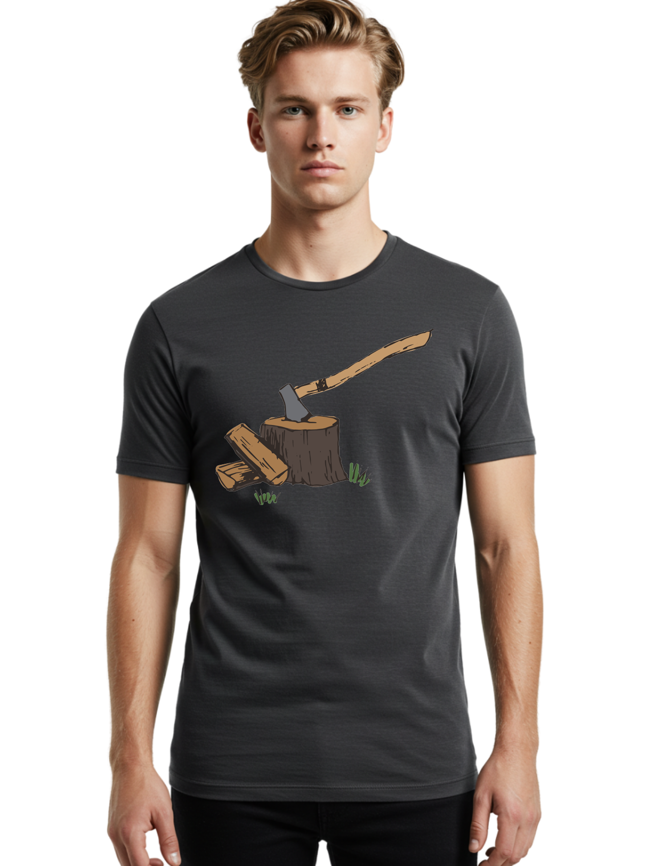 Axe-In-Stump Men'S Graphic Tee, 100% Cotton, Comfortable Casual Summer Wear, Machine Washable, Axe Stuck In Tree Stump, Chopped Wood, Outdoor Activity, Lumberjack Work, Forest Scenery, Wooden Handle, Grassy Surroundings -  Aaa750