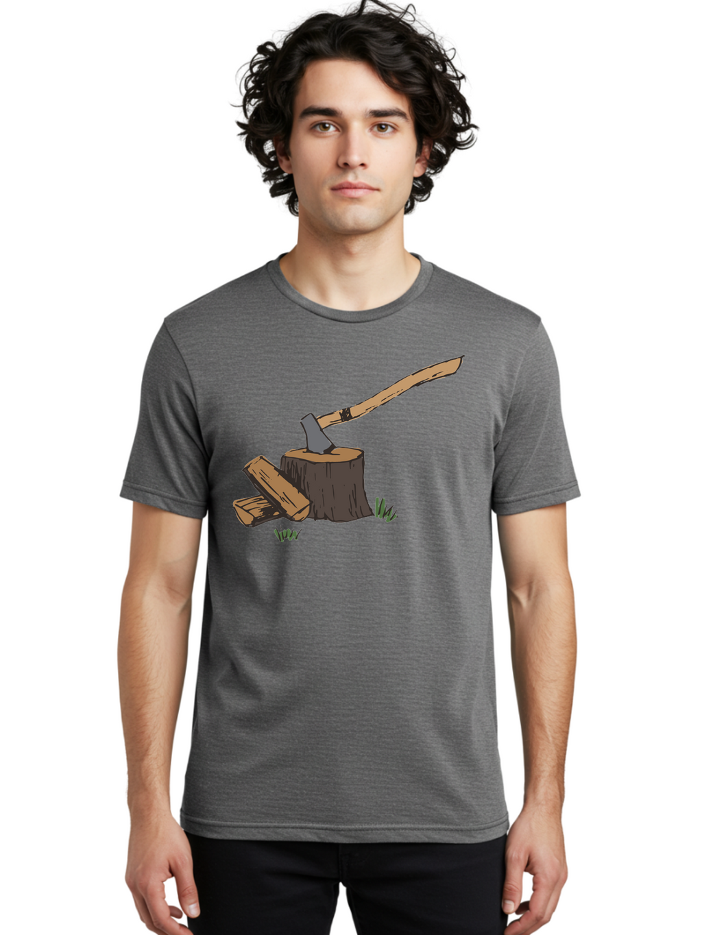 Axe-In-Stump Men'S Graphic Tee, 100% Cotton, Comfortable Casual Summer Wear, Machine Washable, Axe Stuck In Tree Stump, Chopped Wood, Outdoor Activity, Lumberjack Work, Forest Scenery, Wooden Handle, Grassy Surroundings -  Aaa750