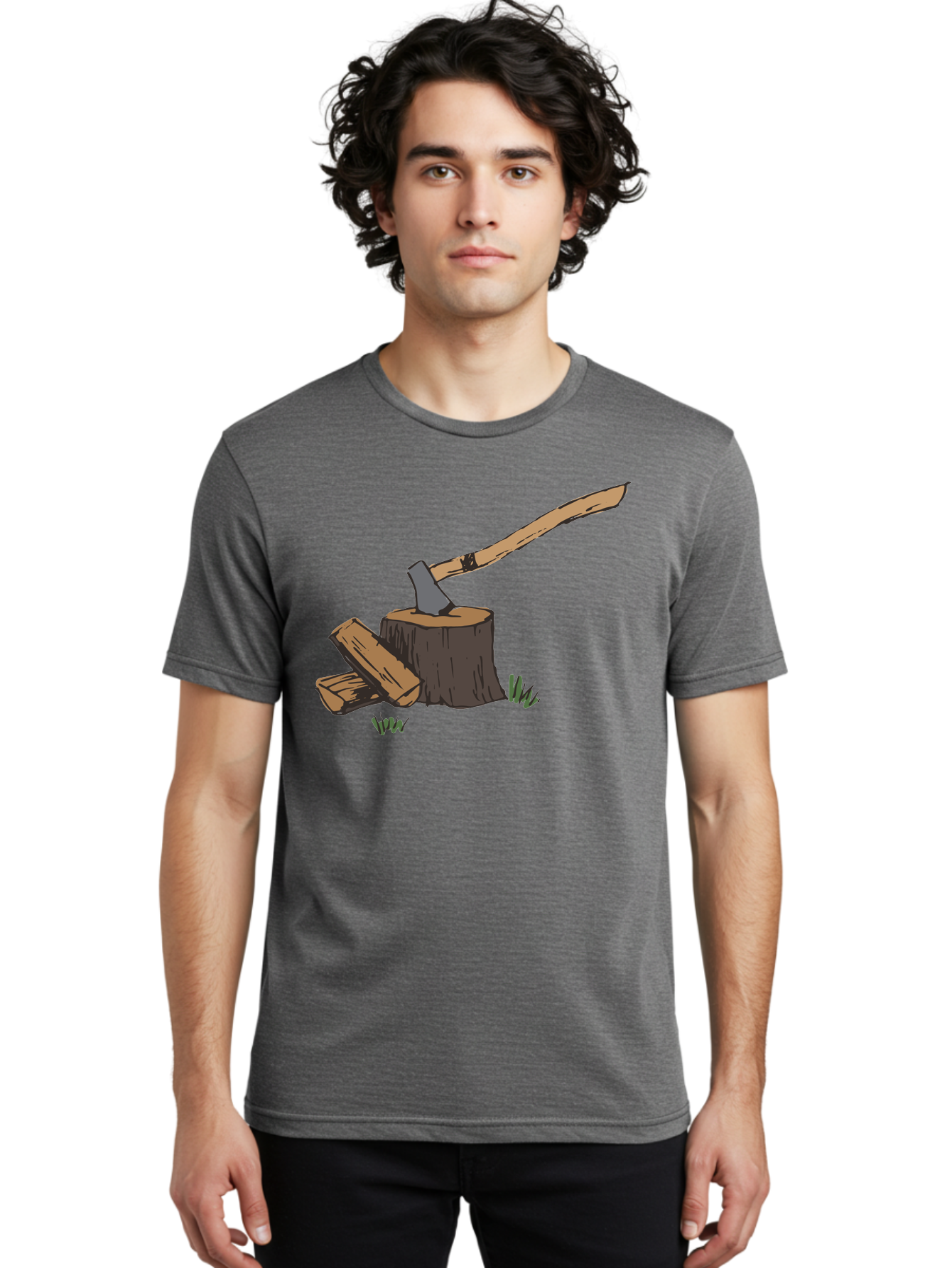 Axe-In-Stump Men'S Graphic Tee, 100% Cotton, Comfortable Casual Summer Wear, Machine Washable, Axe Stuck In Tree Stump, Chopped Wood, Outdoor Activity, Lumberjack Work, Forest Scenery, Wooden Handle, Grassy Surroundings -  Aaa750