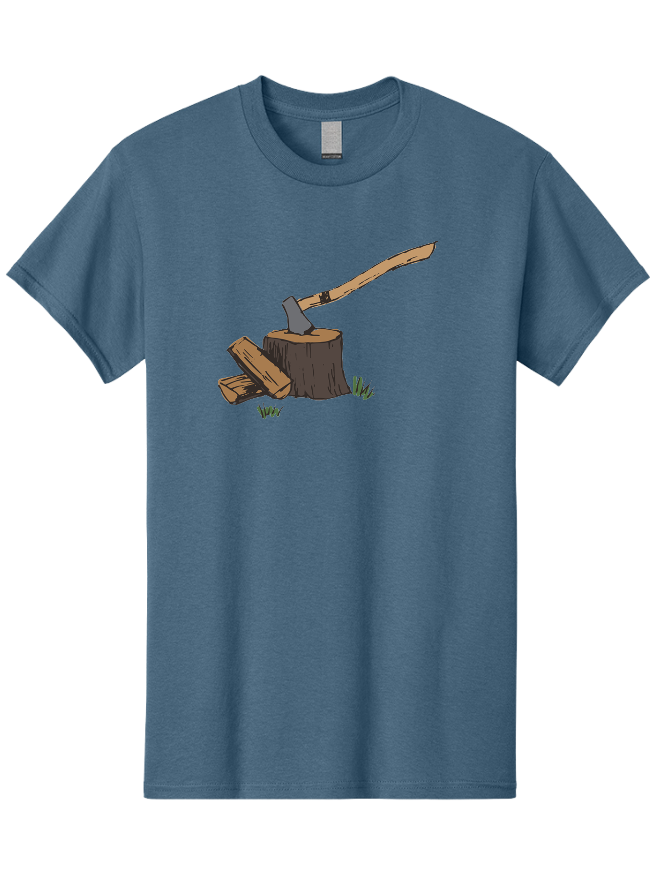 Axe-In-Stump Men'S Graphic Tee, 100% Cotton, Comfortable Casual Summer Wear, Machine Washable, Axe Stuck In Tree Stump, Chopped Wood, Outdoor Activity, Lumberjack Work, Forest Scenery, Wooden Handle, Grassy Surroundings -  Aaa750