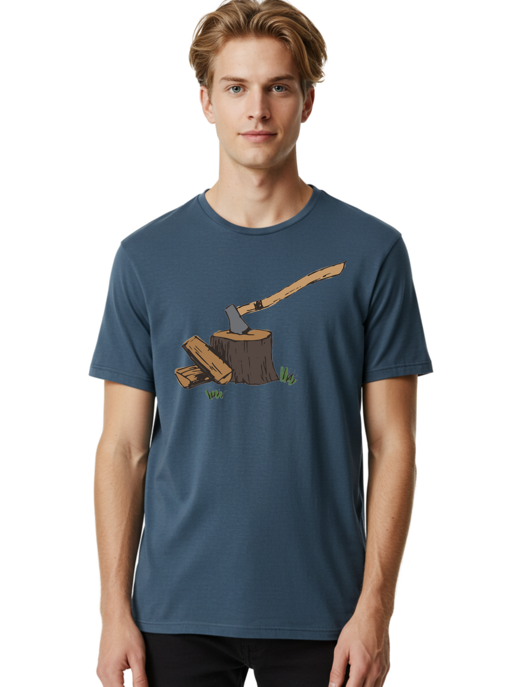 Axe-In-Stump Men'S Graphic Tee, 100% Cotton, Comfortable Casual Summer Wear, Machine Washable, Axe Stuck In Tree Stump, Chopped Wood, Outdoor Activity, Lumberjack Work, Forest Scenery, Wooden Handle, Grassy Surroundings -  Aaa750