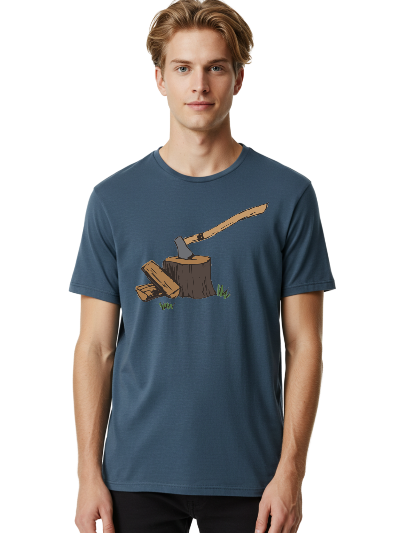 Axe-In-Stump Men'S Graphic Tee, 100% Cotton, Comfortable Casual Summer Wear, Machine Washable, Axe Stuck In Tree Stump, Chopped Wood, Outdoor Activity, Lumberjack Work, Forest Scenery, Wooden Handle, Grassy Surroundings -  Aaa750