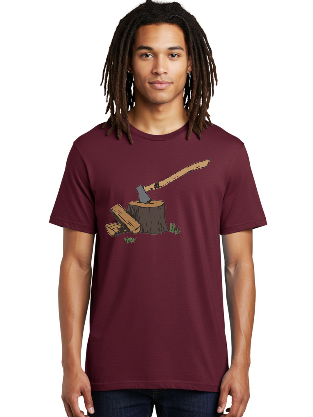 Axe-In-Stump Men'S Graphic Tee, 100% Cotton, Comfortable Casual Summer Wear, Machine Washable, Axe Stuck In Tree Stump, Chopped Wood, Outdoor Activity, Lumberjack Work, Forest Scenery, Wooden Handle, Grassy Surroundings -  Aaa750