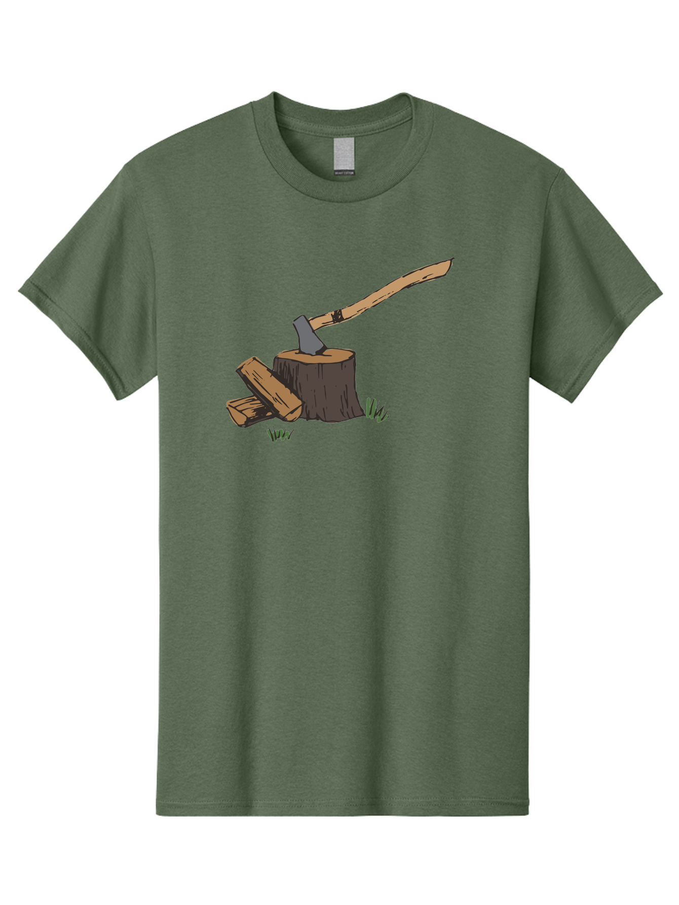 Axe-In-Stump Men'S Graphic Tee, 100% Cotton, Comfortable Casual Summer Wear, Machine Washable, Axe Stuck In Tree Stump, Chopped Wood, Outdoor Activity, Lumberjack Work, Forest Scenery, Wooden Handle, Grassy Surroundings -  Aaa750