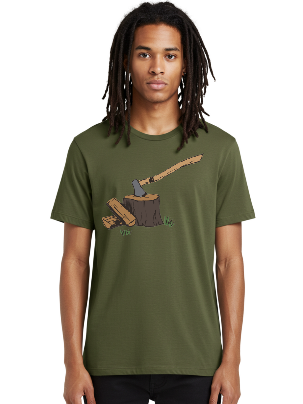 Axe-In-Stump Men'S Graphic Tee, 100% Cotton, Comfortable Casual Summer Wear, Machine Washable, Axe Stuck In Tree Stump, Chopped Wood, Outdoor Activity, Lumberjack Work, Forest Scenery, Wooden Handle, Grassy Surroundings -  Aaa750
