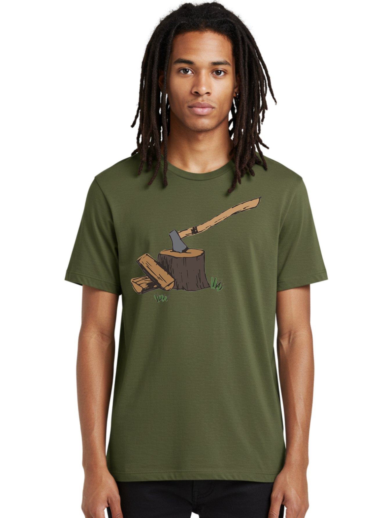 Axe-In-Stump Men'S Graphic Tee, 100% Cotton, Comfortable Casual Summer Wear, Machine Washable, Axe Stuck In Tree Stump, Chopped Wood, Outdoor Activity, Lumberjack Work, Forest Scenery, Wooden Handle, Grassy Surroundings -  Aaa750