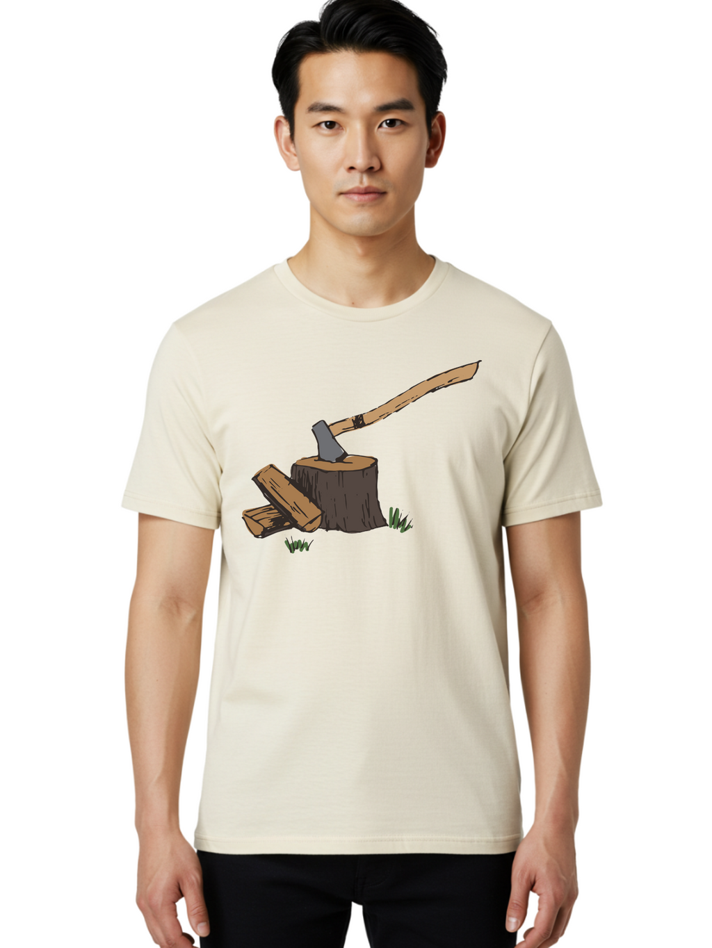 Axe-In-Stump Men'S Graphic Tee, 100% Cotton, Comfortable Casual Summer Wear, Machine Washable, Axe Stuck In Tree Stump, Chopped Wood, Outdoor Activity, Lumberjack Work, Forest Scenery, Wooden Handle, Grassy Surroundings -  Aaa750