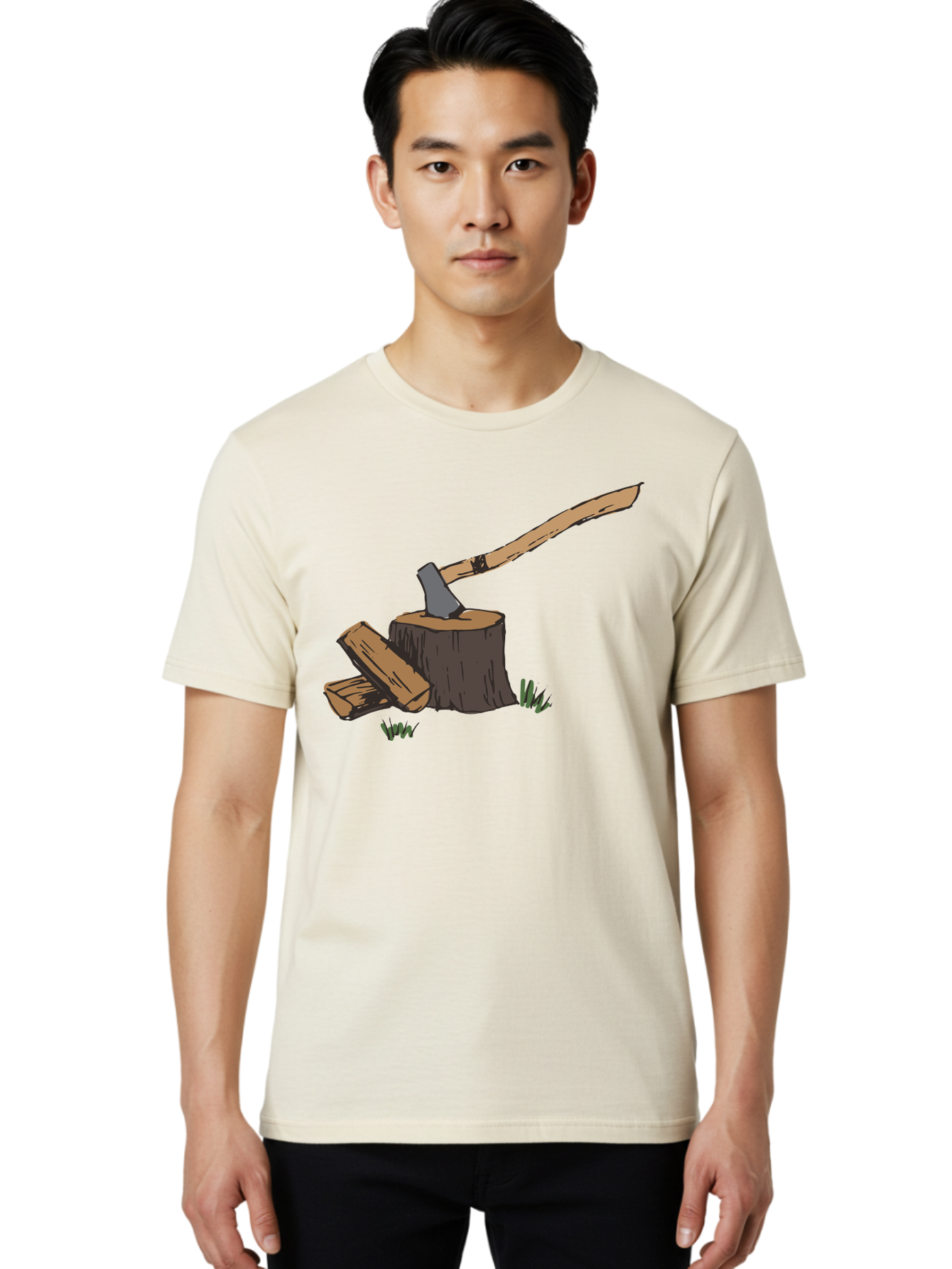 Axe-In-Stump Men'S Graphic Tee, 100% Cotton, Comfortable Casual Summer Wear, Machine Washable, Axe Stuck In Tree Stump, Chopped Wood, Outdoor Activity, Lumberjack Work, Forest Scenery, Wooden Handle, Grassy Surroundings -  Aaa750