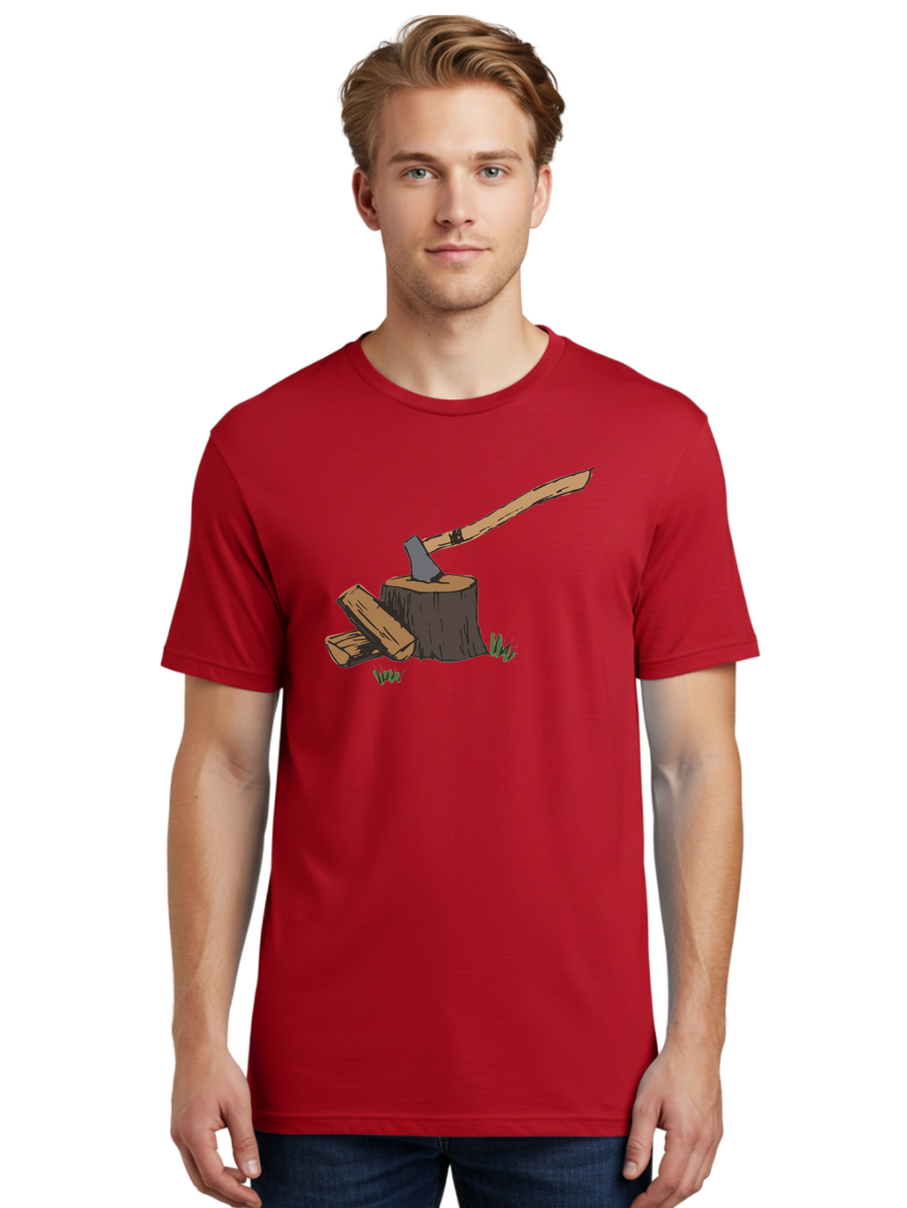 Axe-In-Stump Men'S Graphic Tee, 100% Cotton, Comfortable Casual Summer Wear, Machine Washable, Axe Stuck In Tree Stump, Chopped Wood, Outdoor Activity, Lumberjack Work, Forest Scenery, Wooden Handle, Grassy Surroundings -  Aaa750