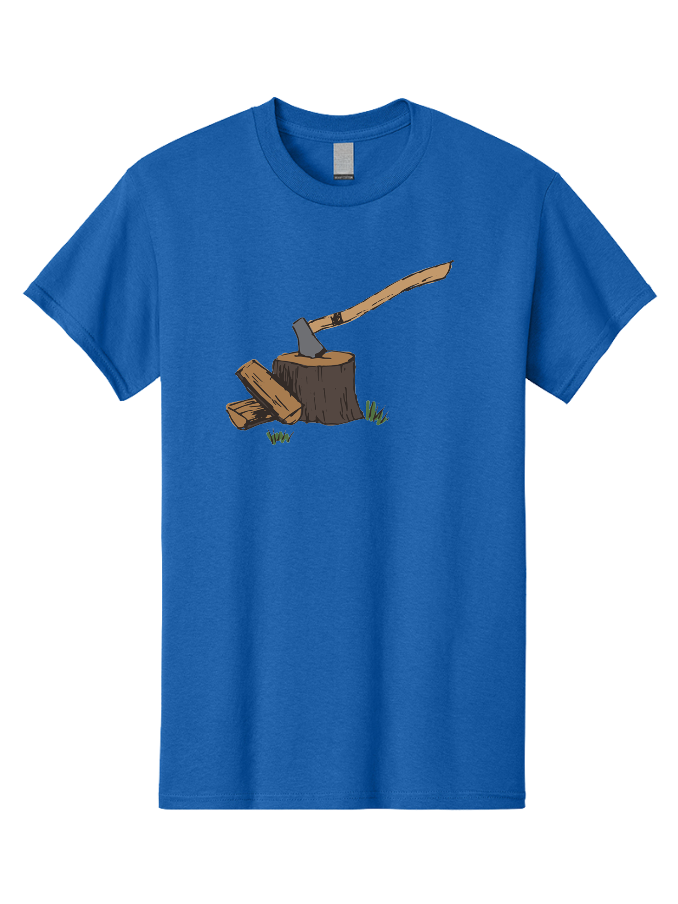 Axe-In-Stump Men'S Graphic Tee, 100% Cotton, Comfortable Casual Summer Wear, Machine Washable, Axe Stuck In Tree Stump, Chopped Wood, Outdoor Activity, Lumberjack Work, Forest Scenery, Wooden Handle, Grassy Surroundings -  Aaa750