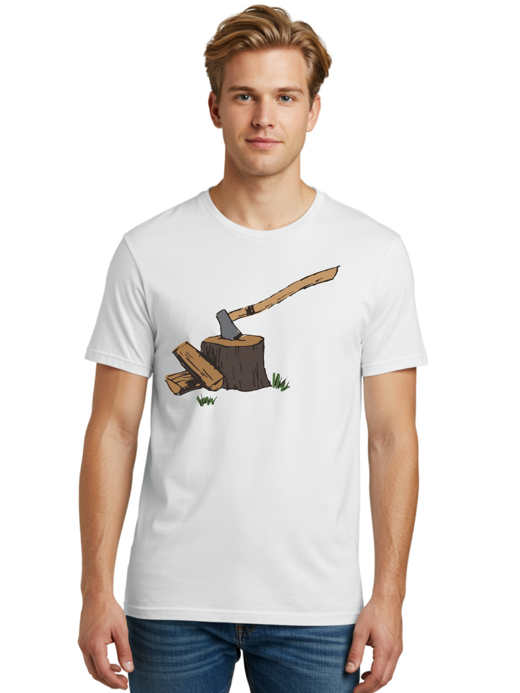 Axe-In-Stump Men'S Graphic Tee, 100% Cotton, Comfortable Casual Summer Wear, Machine Washable, Axe Stuck In Tree Stump, Chopped Wood, Outdoor Activity, Lumberjack Work, Forest Scenery, Wooden Handle, Grassy Surroundings -  Aaa750