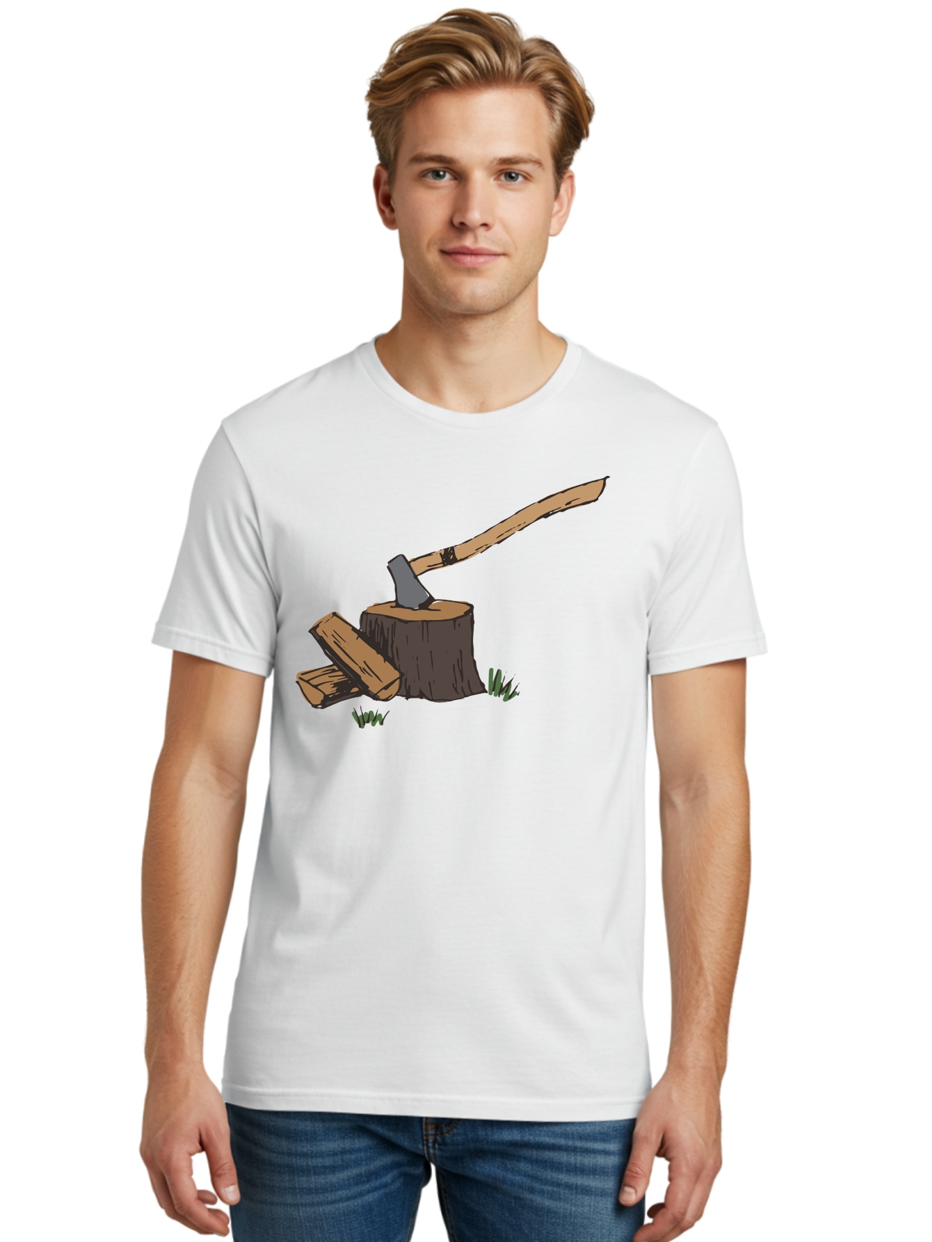 Axe-In-Stump Men'S Graphic Tee, 100% Cotton, Comfortable Casual Summer Wear, Machine Washable, Axe Stuck In Tree Stump, Chopped Wood, Outdoor Activity, Lumberjack Work, Forest Scenery, Wooden Handle, Grassy Surroundings -  Aaa750