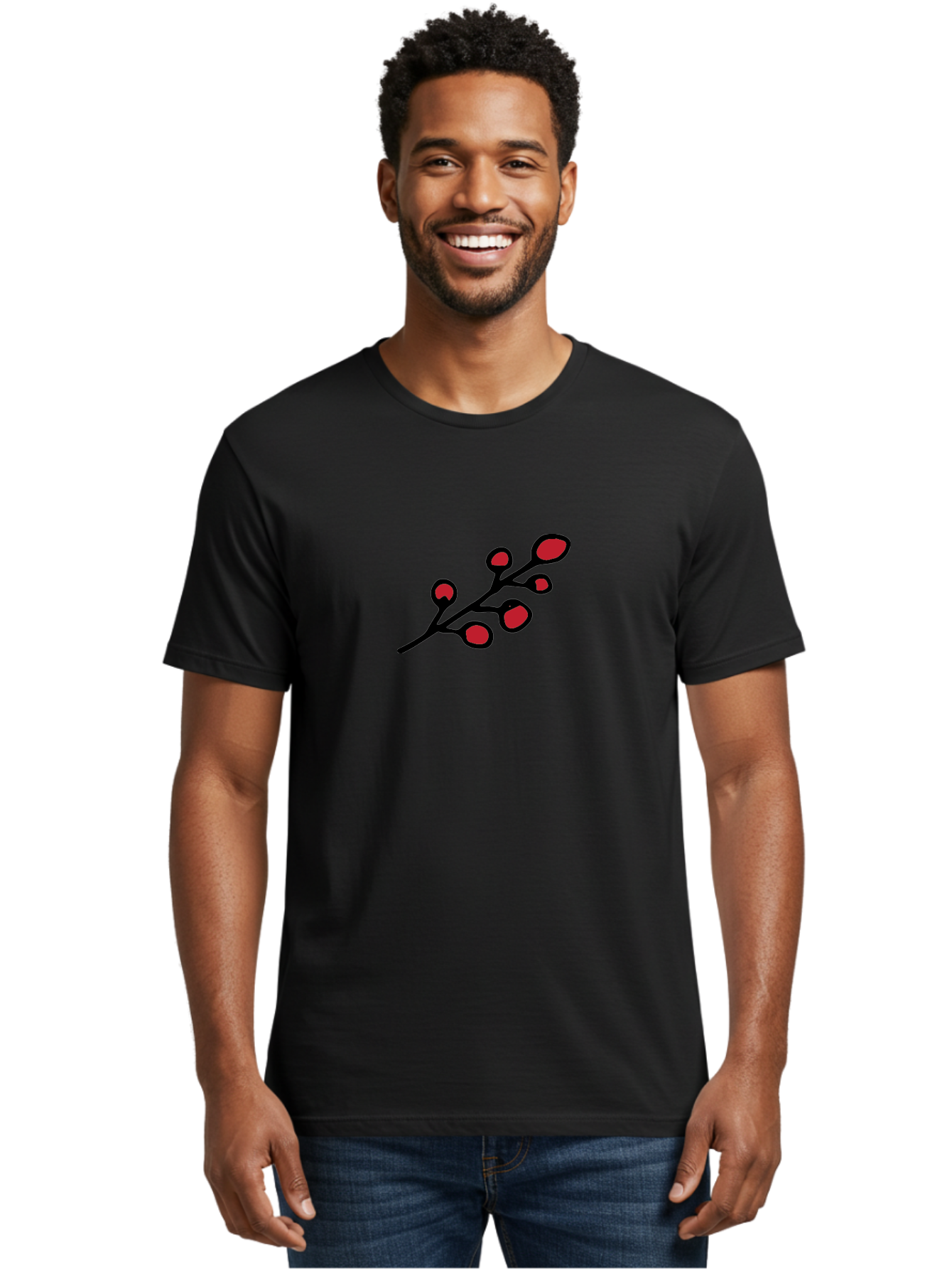 Berries-1 Men'S Graphic Tee, 100% Cotton, Comfortable Casual Summer Wear, Machine Washable, Black Stem, Red Bulbs, Abstract Design, Simple Graphics, Minimalist Art, Bold Colors, Modern Illustration -  Aaa753