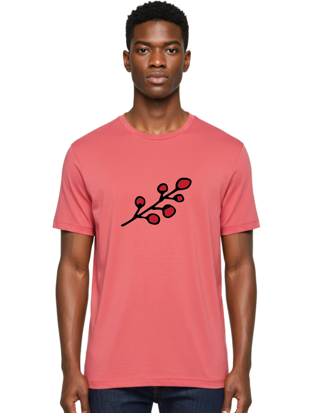 Berries-1 Men'S Graphic Tee, 100% Cotton, Comfortable Casual Summer Wear, Machine Washable, Black Stem, Red Bulbs, Abstract Design, Simple Graphics, Minimalist Art, Bold Colors, Modern Illustration -  Aaa753